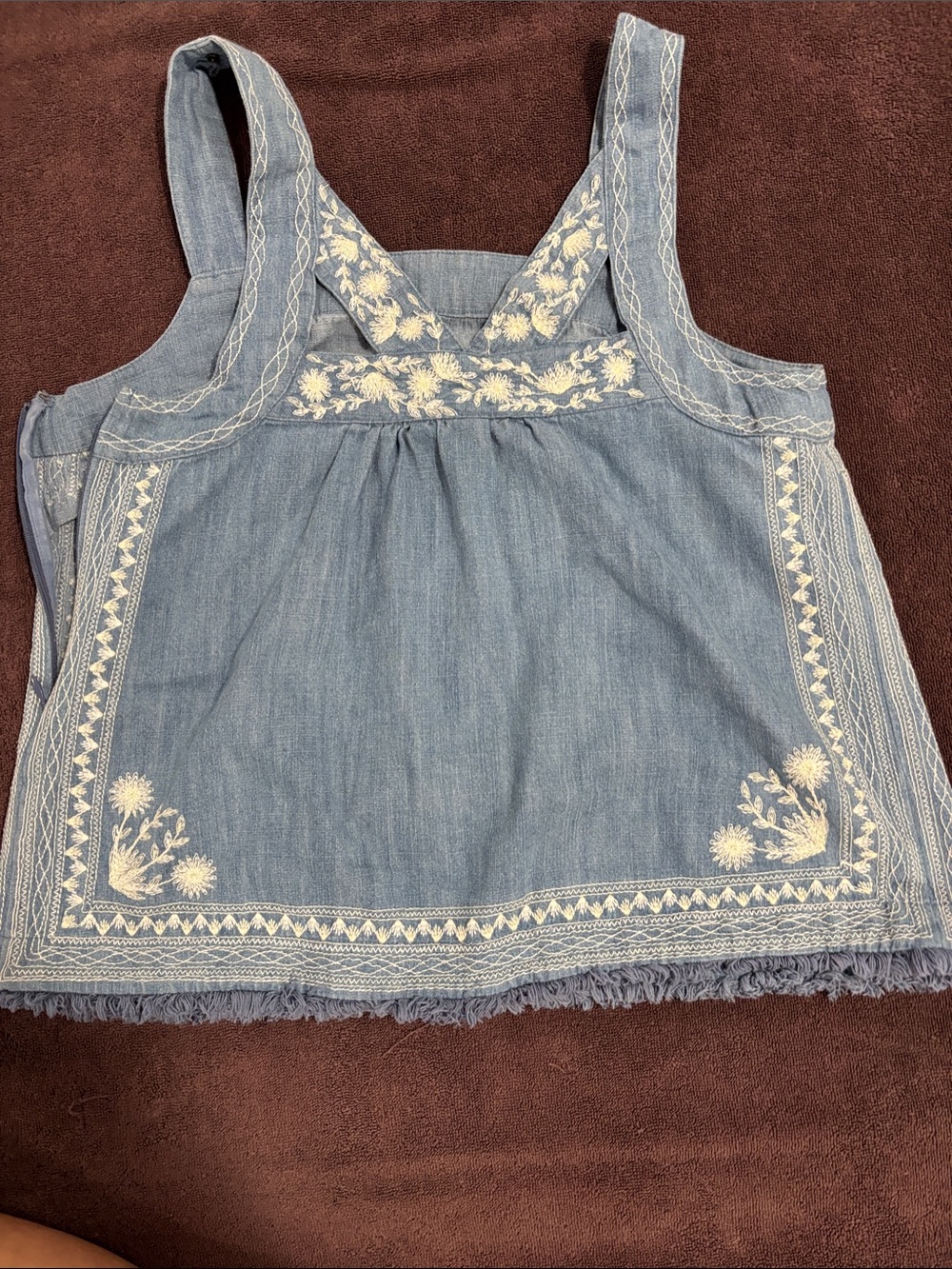 Maeve Light Blue Embroidered Chambray Tank with Cream Stitching - Picture 2 of 3